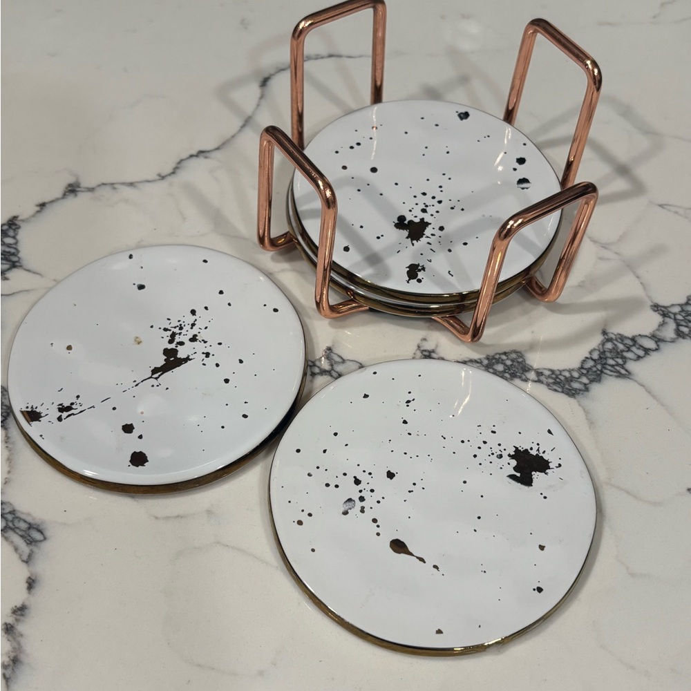 White and Black Splatter Coaster Set with Rose Gold Holder